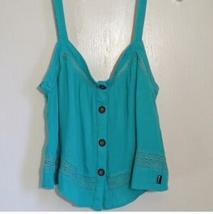 Hurley turquoise baby doll button down tank with crochet detail women size small